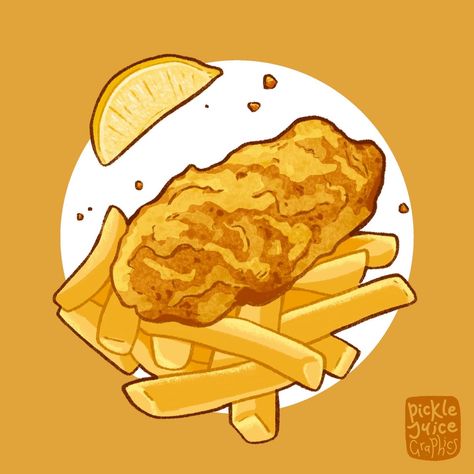 Digital illustration of battered fried fish laying on a pile of chips with a wedge of lemon Goldfish Snack Drawing, Fish Digital Art, Fish And Chips Illustration, Fish Bowl Illustration, Fish Food Illustration, Seafood Drawing Illustration, Cute Fish, Chips Recipe, Digital Art Illustration