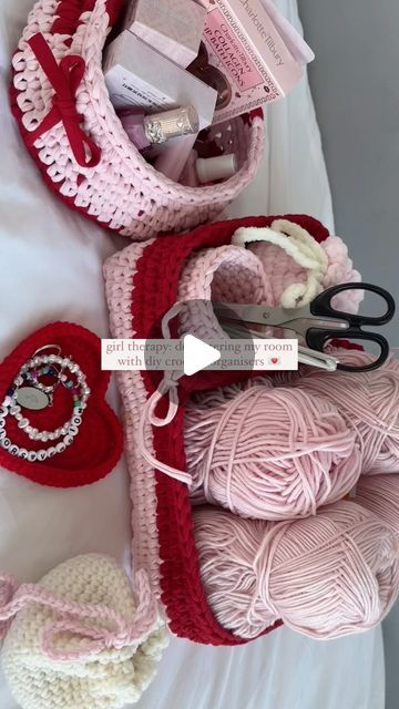 mahum on Instagram: "crochet projects that are cute & functional >> tutorial is on my yt - search “the EASIEST way to crochet diy organisers (any size!)”  diy organisers in this video: basket for storing makeup, cute pouches with drawstrings you can tie into a bow, heart-shaped tray for jewellery & trinkets, pencil holder for crochet hooks & stationary, box with divider to store yarns & other craft supplies   🏷 #crochet #crochetideas #crocheteveryday #crochetinspiration #crocheted #crocheting #crochetaccessories #roomdecor" Crochet Supplies Holder, Crochet Makeup Holder, Crochet Jewellery Holder, Crochet Makeup Pouch, Crochet Tray, Cute Pouches, Makeup Basket, Crochet Hook Storage, Crochet Hook Organizer