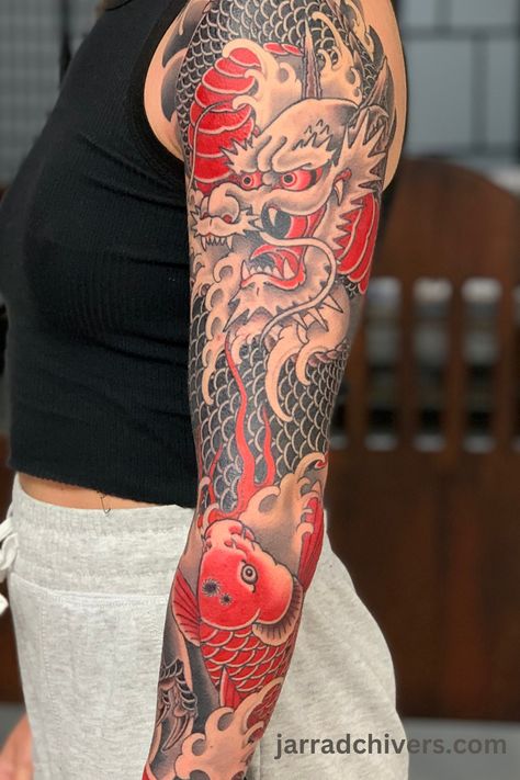 Another happy customer! A full sleeve tattoo featuring a powerful dragon a red koi and lots of water. Executed in a contemporary Japanese style. Koi And Dragon Tattoo, Japanese Dragon Sleeve Tattoo, Japanese Dragon Sleeve, Koi And Dragon Tattoo Sleeve, Coi Fish Tattoo Sleeve Japanese Koi, Japanese Dragon Bicep Tattoo, Traditional Japanese Dragon Sleeve, Full Arm Dragon Tattoo Japanese Sleeve, Traditional Japanese Dragon