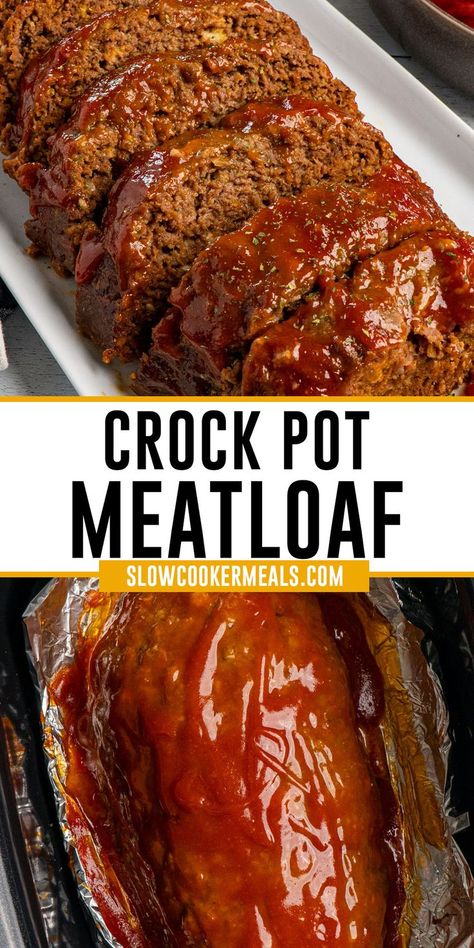 Meat loaf in a crock pot with a glaze on top. Best Crockpot Meatloaf, Crock Pot Meatloaf, Easy Crockpot Meatloaf, Meatloaf With Oatmeal, Crockpot Meatloaf Recipes, School Pizza, Crockpot Meatloaf, Meatloaf Dinner, Slow Cooker Meatloaf