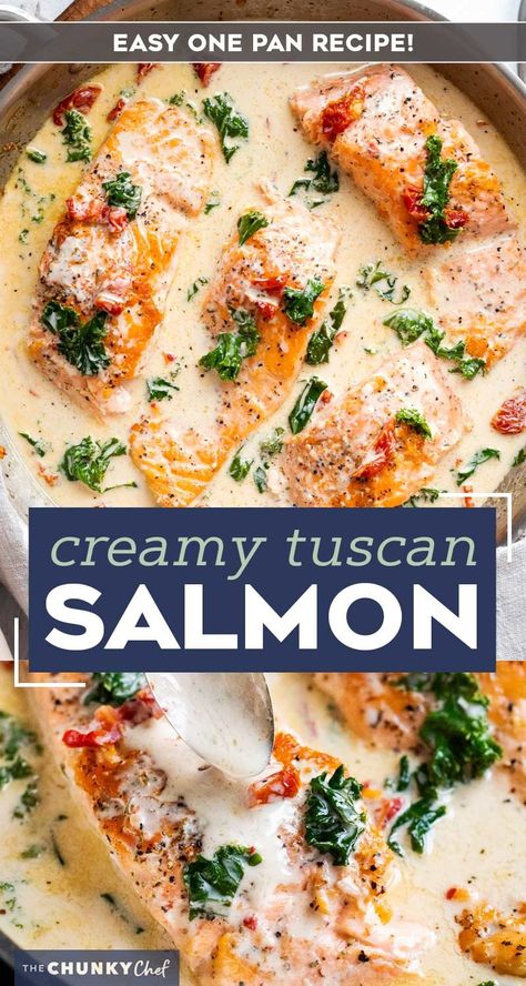 Tender salmon filets smothered in a rich garlic cream sauce filled with sun-dried tomatoes, kale and Parmesan cheese. Restaurant quality salmon, in 30 minutes! #salmon #seafood #fish #creamsauce #30minutemeal #easyrecipe #tuscan #Italian #sundriedtomatoes #kale #spinach Creamy Garlic Tuscan Salmon, Tuscan Salmon Recipe, Tuscan Salmon, Cheese Restaurant, The Chunky Chef, Salmon Filets, Salmon Glaze Recipes, Chunky Chef, Tuscan Recipes