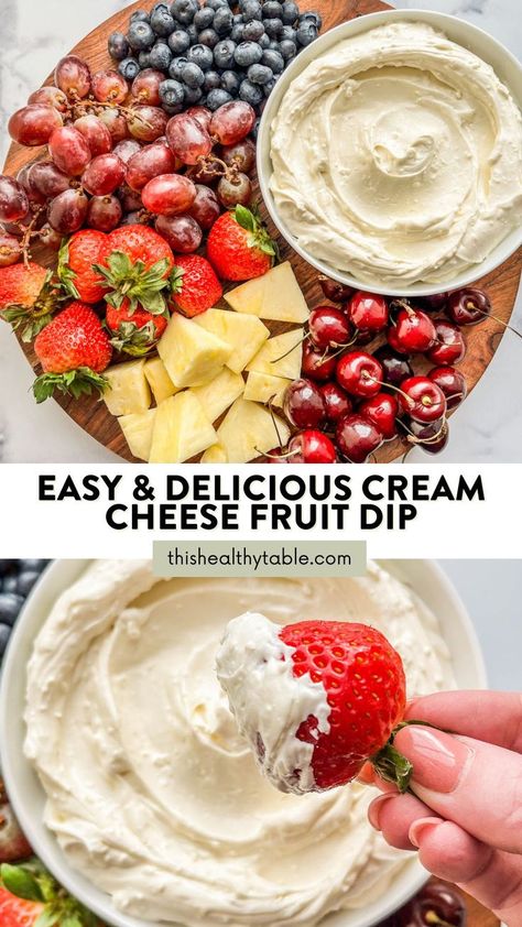 This flavorful dip combines cream cheese and yogurt. Dip your favorite fruit in it for a healthier dessert or snack! Cream Cheese And Yogurt Fruit Dip, Dipped Grapes Recipes, Yogurt Cream Cheese Fruit Dip, Cream Cheese Yogurt Dip, Fruit Dip Charcuterie Board, Holiday Fruit Dip, Blueberry Cream Cheese Dip, Fresh Fruit Dip, Non Dairy Appetizers For Party