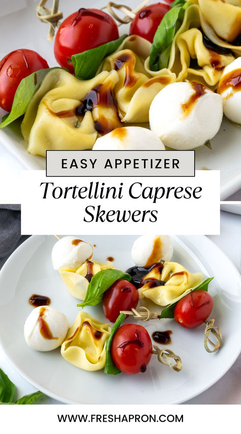 Tortellini Caprese Skewers Tortellini Recipes Appetizers, Caprese Skewers With Tortellini, Easy Caprese Skewers, Tortellini Caprese Skewers, Caprese Appetizer Bites, Caprese Skewers Appetizers, Caprese Salad Christmas, Antipasto Skewers With Tortellini, Tortellini Skewers Appetizers