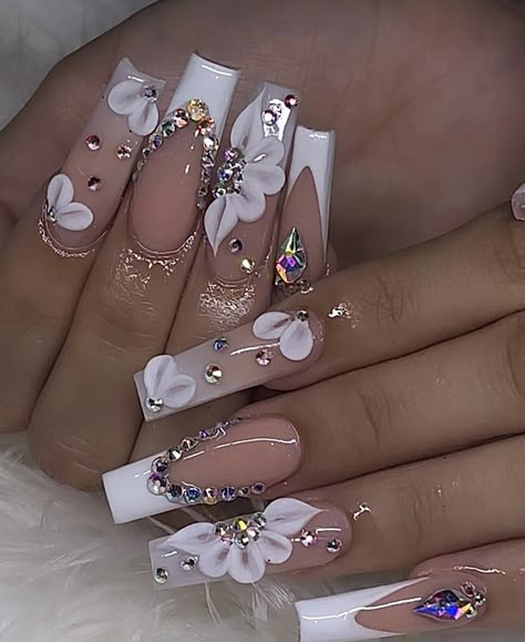 Quince Nails, Quinceanera Nails, Fancy Nails Designs, Nails Design With Rhinestones, Girly Acrylic Nails, Acrylic Nails Coffin Pink, Unique Acrylic Nails, Long Square Acrylic Nails, Trendy Nail Art