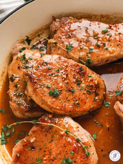 Thick, juicy pork chops are cooked in a glaze made with apple cider and apple cider vinegar in this Pork Chops with Apple Cider Glaze recipe. Pork Chops With Apple Cider, Apple Cider Glaze Recipe, Thick Pork Chop Recipe, Cider Pork Chops, Apple Cider Pork Chops, Glazed Pork Chops Recipes, Apple Cider Sauce, Apple Cider Pork, Apple Cider Glaze