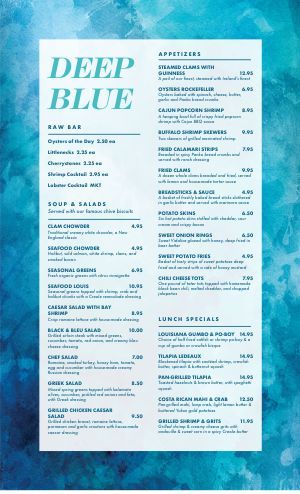 Seafood Restaurant Menu Template - MustHaveMenus Surfboard Menu Design, Fish Menu Design, Sea Food Menu Design, Nautical Menu Design, Beach Restaurant Menu Design, Breakfast Menu Design, Seafood Menu Design Templates, Pool Menu, Drink Menu Design