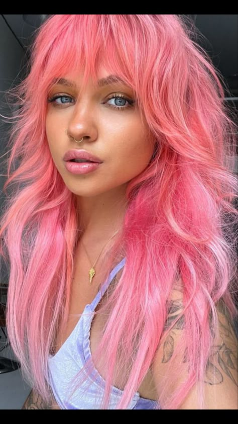 Long Pink Hair With Bangs, Peach And Purple Hair, Pink Hair With Shadow Root, Pink Color Block Hair, Pink Hair Grunge, Pink Wolf Cut, Orange And Pink Hair, Pink Hair Styles, Flamingo Pink Hair