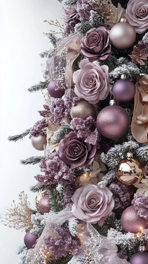 Close-up of an elegant Christmas tree in rose gold and lilac, adorned with metallic roses, glittery ornaments, and lace Flower Decorated Christmas Tree, Pretty Christmas Tree Decorations, Dragonfly Christmas Tree, Valentine's Tree Decorating Ideas, Christmas Ball Garland On Tree, Rose Gold And Silver Christmas Tree, Valentine's Tree Ideas, Christmas Decor Ideas Purple, Floral Christmas Tree Ideas