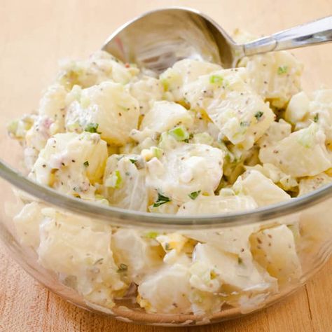 Error in recipe for salt. It is .5 tsp, not 1.5 tsp. Add second celery stick next time. Healthy Potluck, American Potato Salad, Potluck Salad, Dill Potatoes, Potato Salad With Egg, Resep Salad, Potato Salad Recipe, America's Test Kitchen Recipes, Yukon Gold