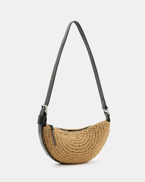 An essential shape - this is the Half Moon Crossbody Bag. Crafted from fabric that uses a crochet design to create the compact crescent silhouette with plenty of space on the inside. It's finished with an adjustable strap that makes it super easy to wear.  Zip closure Adjustable strap Metal hardware Two interior pockets Will fit the largest size iPhone - please check measurements Crochet Half Moon Bag, Moon Bag Crochet, Moon Crochet, Leather Crochet, Crochet Crossbody Bag, Hemp Bag, Moon Bag, Macrame Bag, Raffia Bag