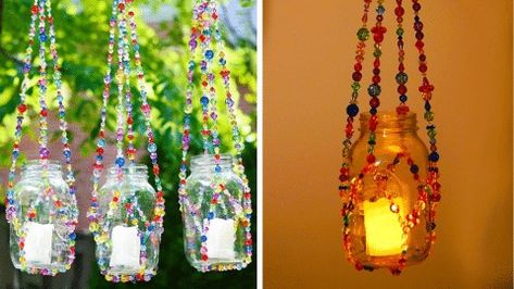 Easy DIY Beaded Plant Hanger & Lantern Tutorial | DIY Joy Projects and Crafts Ideas Crown Royal Apple, Diy Projects For Teens, Pinterest Diy, Diy Plaster, Mason Jar Projects, Diy Pool, Hand Molding, Mason Jar Lighting, Mosaic Diy