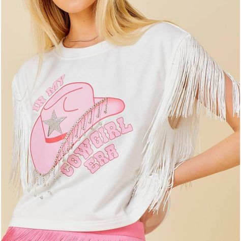 Rhinestone Embellished Cowgirl Graphic Tee With Fringed Shoulder Detail "For A Look That's Both Glitzy And Gritty, This Tee Has Got You Covered. With Rhinestone Embellishments And A Fringe Shoulder Detail, You'll Be Sure To Stand Out In Any Crowd. Yeehaw!" Cowgirl Era, Cowgirl Graphic, Scarf Coverup, Rebecca Black, Fringe Shirt, Stripped Tops, Rhinestone Top, Kids Scarf, Rhinestone Embellishments