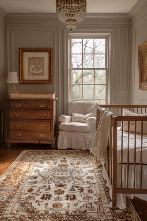 42 Neutral Nursery Ideas: Calming Spaces for Your Bundle of Joy Cream And Wood Nursery, White And Dark Wood Nursery, Baby Girl Nursery Room Ideas Neutral, Nursery Aesthetic Vintage, Nursery Modern Neutral, Baby Room With Wallpaper, Old Time Nursery, Old Fashioned Country Home, Nursery Ideas Transitional