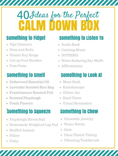 40 Ideas for the Perfect Calm Down Box Calm Box Ideas, Grounding Box Ideas, Calming Transition Activities, Calm Down Crafts, Coping Skills Box, Sensory Coping Skills, Therapy Box Ideas, Calm Down Quickly, Calming Art Activities