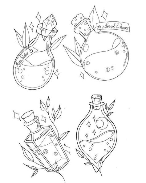 Potion Tattoo, Witch Drawing, Dibujo Simple, Bottle Tattoo, Bottle Drawing, Witch Tattoo, Fox Tattoo, Coloring Book Art, Cute Coloring Pages