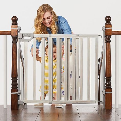 Summer™ Wood Banister and Stair Safety Gate in Gray | buybuy BABY Banister Baby Gate, Wood Banister, Extra Wide Baby Gate, Wide Baby Gate, Safety Gates For Stairs, Baby Gate For Stairs, Kids Gate, Stair Gate, Baby Safety Gate