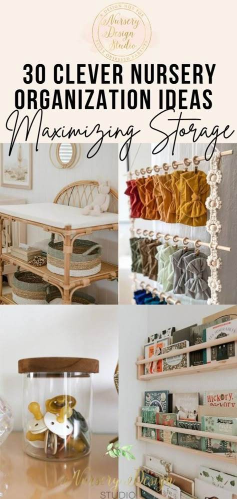 maximizing storage in the nursery (5) Pacifier Storage Nursery, Hanging Clothes Without A Closet Nursery, Home Edit Nursery, Temporary Nursery Ideas, Exposed Closet Nursery, Storage Ideas For Small Nursery, Nursery Without Closet Ideas, Small Nursery Toy Storage, Nursery Wall Storage Ideas