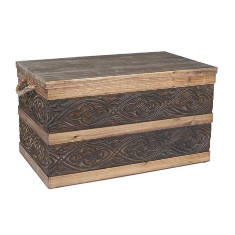 Amazon.com: Household Essentials Decorative Metal Banded Wooden Storage Trunk with Handles, Large: Kitchen & Dining Decorative Trunks, Metal Trunks, Wooden Trunks, Coffee Table Trunk, Storage Trunks, Metal Siding, Embossed Metal, Storage Trunk, Decor Essentials