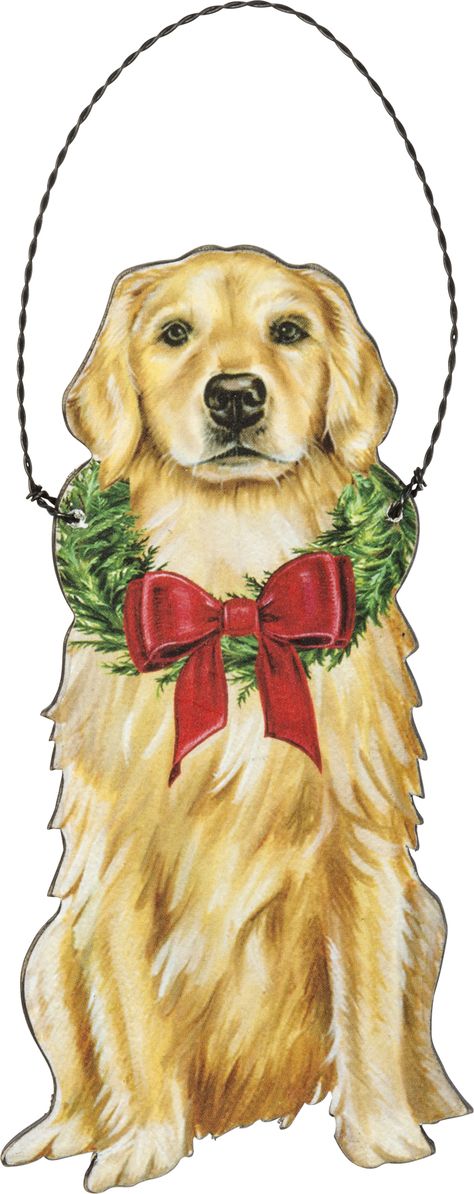 A wooden ornament for the holidays featuring a Golden Retriever design with a wreath and bow accent. Contains a twisted top wire loop for easy hanging. Christmas Golden Retriever, Golden Retriever Ornament, Golden Retriever Owner, Golden Retriever Christmas, Twisted Top, A Golden Retriever, Primitives By Kathy, Wooden Christmas Ornaments, Wooden Ornament