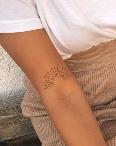 Inner Elbow Sun Tattoo, Low Bicep Tattoo Women, Cute Boho Tattoos, Sunburst Wrist Tattoo, Half Sunburst Tattoo, Simple Boho Tattoos, Women Sun Tattoo, Sun Tattoo Leg, Sun Beam Tattoo