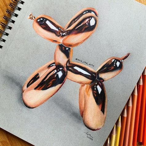 @eva_the_arts on Instagram: “Hello! Here is the finished balloon dog :)  For this drawing, I used @prismacolor colored pencils and @ohuhuart alcohol based markers on…” Ballon Drawing Realistic, Balloon Drawing, Balloon Dog Colored Pencil, Balloon Dog Painting Easy, Balloon Dog Reference, Balloon Dog Drawing, Ballon Drawing, Ballon Dog Art, How To Draw Balloons