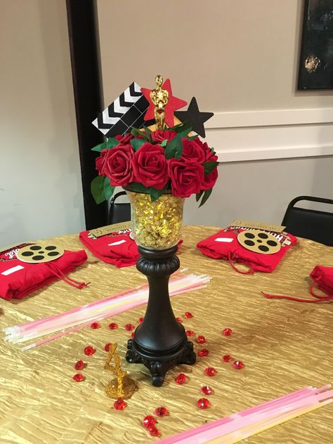 Movie Premiere Sweet 16, Red Carpet Theme Centerpieces, Hollywood Prom Centerpieces, Red Carpet Table Centerpieces, Homecoming Centerpiece Ideas, Red Carpet Centerpiece Ideas, Red Carpet Party Centerpieces, Old Hollywood Prom Theme, Red Carpet Centerpieces