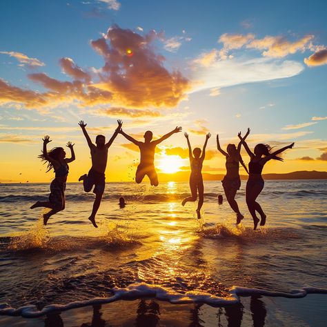 "#JoyfulBeachSunset: A group of #friends jumps high against a #stunning #sunset backdrop on a #sandy #beach. #joy #jumping #aiart #aiphoto #stockcake ⬇️ #Download and 📝 #Prompt 👉 https://stockcake.com/i/joyful-beach-sunset_144783_18556" Group Of Friends Traveling, Beach Day Family, Friend Holiday Pictures, Family Day Aesthetic, A Group Of Friends Aesthetic, Freind Ship Images, Friends For Vision Board, Vacation Group Photos, Happy Life Aesthetic Pictures