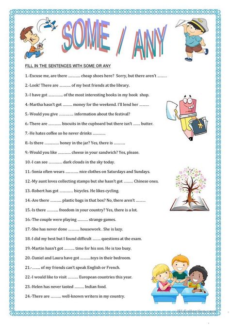 SOME - ANY - English ESL Worksheets for distance learning and physical classrooms Any Some Worksheet, Some And Any Worksheets, Some Any Worksheet, Adult Worksheets, Some Any, Indefinite Pronouns, English Homework, English Grammar Rules, English Teaching Materials