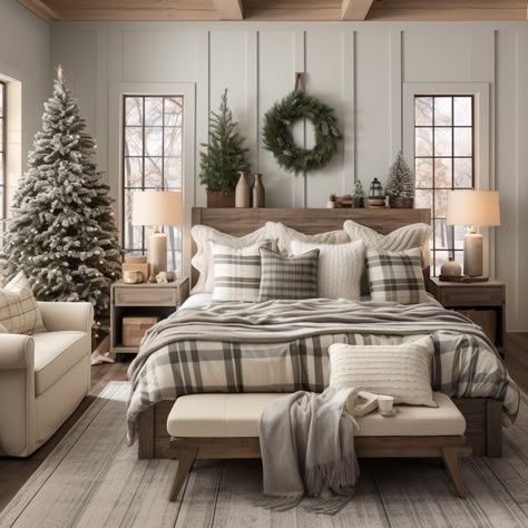 Boho Bedroom Christmas Decor, Cozy Christmas Bedroom Ideas, Christmas Bed Decor, Cozy Christmas Decor Bedroom, Master Bedrooms Christmas Decor, Neutral Christmas Bedroom Decor, Christmas Master Room, Modern Christmas Bedroom, Christmas Bedroom Aesthetic Modern