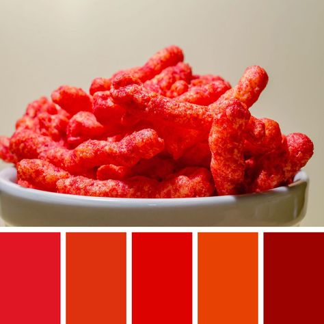 Spicy Colour Palette, Flamin Hot Cheetos, Hot Cheetos, Food Inspired, Red Colour, Color Pallets, Colour Palette, Color Palettes, Color Palette