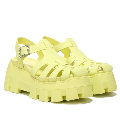 A Hardy Lug Sole Serves As The Platform For This Updated Fisherman Sandal Secured With A Sparkly Buckle Closure In A Citric Acid Color Butterfly Stomach, White Platform Sandals, Chunky Platform Sandals, Sandals Strappy, Lug Sole Boots, Fisherman Sandals, Platform Loafers, Platform Heels Chunky, Platform High Heels