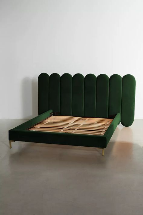 Gia Panel Bed | Urban Outfitters Retro Headboard Ideas, Green Retro Bedroom Ideas, 80s Bed Frame, Green Velvet Bed Frame Bedroom Ideas, Retro Bed Frame, Green Inspired Bedroom, Green Bed Frame, Green Velvet Headboard, Bed Frame Green