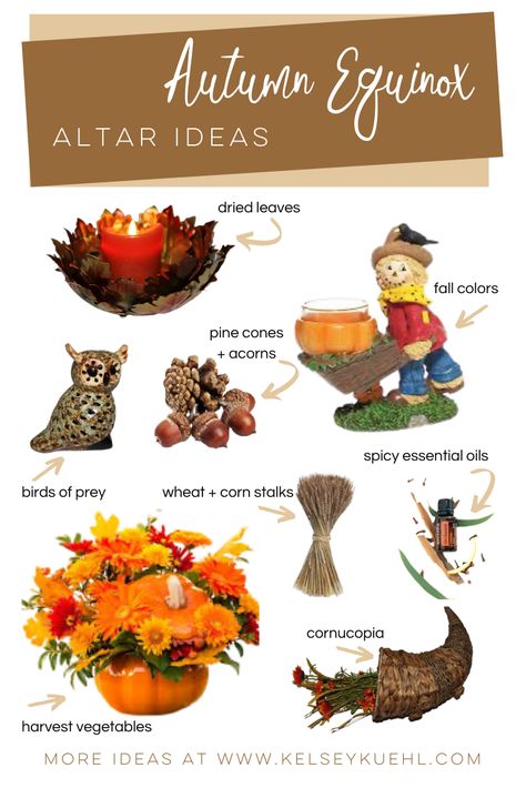 Learn how to create a Mabon altar at home to include a few of these Autumn Equinox sacred space ideas. Your meditation room decor can include:   Trees, wheat, grapes, pine cones, acorns, dried leaves, spicy essential oils (cinnamon, clove), birds of prey, snakes, dogs, wolves, owls, bats, apples, harvest vegetables, and tools of agriculture.  #autumnequinox #seasonalaltars #autumnaesthetic #paganaltar #wiccandecor #wheeloftheyear #equinoxritual #sacredspace #altarideas #altarflowers #mabonritual Autumn Equinox Altar Ideas, Fall Altar Decorations, Mabon Altar Decorations, Autumn Equinox Altar, Mabon Altar Ideas, Mabon Wreath, Sacred Space Ideas, Home Altar Ideas, Mabon Decorations