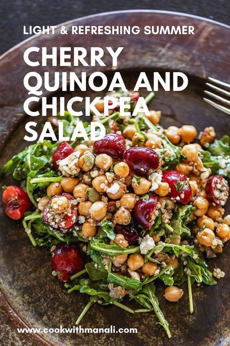 Cherry Quinoa and Chickpea Salad with arugula, pistachios and feta cheese makes a light and refreshing summer salad. Topped with balsamic vinaigrette, it has quickly become my go to salad this cherry season! Quinoa Salad Recipes Cold, Zesty Quinoa Salad, Salad With Chickpeas, Indian Cuisine Recipes, Cherries Salad, Pistachio Salad, Salad Inspiration, Quinoa Salad Recipes, Free Friends