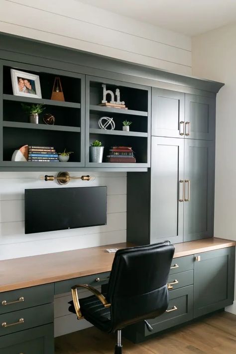 Explore Top 23 Home Office Paint Colors 2024 for Stylish Workspaces - placeideal.com Wall Storage With Desk Built Ins, Office Desk Built Ins, Home Office Seating, Office Nooks, Rachel Weiss, Ikea Home Office, Home Office Built Ins, Ikea Office, Office Built Ins