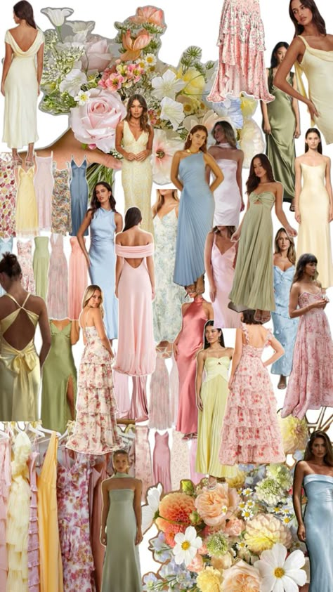 Wedding Party With Different Colors, Wedding Principal Sponsors Outfit, Pastels Color Palette Wedding, Pastel Bridal Party Dresses, Bridesmaid Dresses Mixed Fabrics, Sorbet Bridesmaid Dresses, Garden Formal Bridesmaids, Floral Dresses Group, Sunmer Bridesmaid Dresses