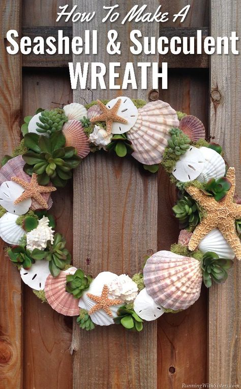 Seashells & Succulents Wreath Craft How To - make your own trendy shell and succulent wreath with this tutorial! Succulents Wreath, Succulent Wreath Diy, Coastal Wreath, Seashell Projects, Seashell Wreath, Shell Wreath, Succulent Wreath, Beach Wreath, Sea Crafts