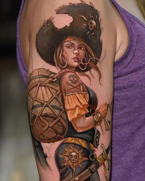 Pirate Queen with a barrel of rum & treasure map. Tattoo by Danny Elliott, owner at Rebel Muse Tattoo Denver. Original artwork by Bob Kehl. Pirate Girl Tattoos, Snowboarding Tattoo, Tattoo Pirate, Mom Baby Tattoo, Pirate Skull Tattoos, Pirate Ship Tattoos, Pirate Ship Tattoo, Female Pirate, Pirate Face