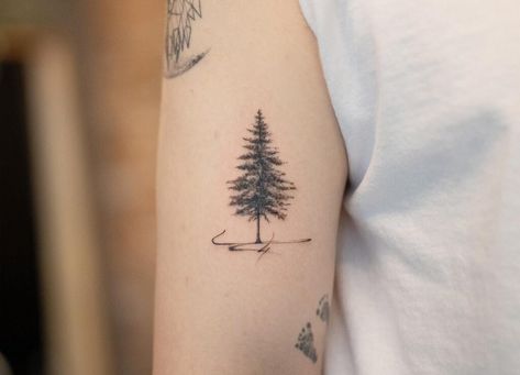 Pine Tree Tattoos Eastern White Pine Tattoo, Forest Tattoo Arm, Pine Tree Tattoos For Women, Spruce Tree Tattoo, Pine Tree Tattoos, Evergreen Tattoo, Evergreen Tree Tattoo, Tree Silhouette Tattoo, Simple Tree Tattoo