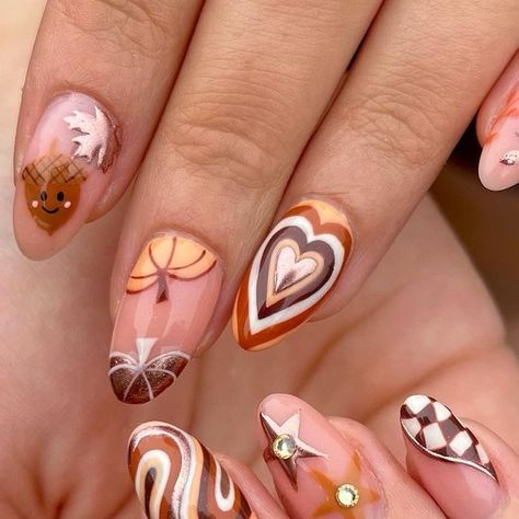 Janine Orpen | Nail Artist on Instagram: "Autumn mix ‘n’ match 🍂🎃🍁

How cute is the little acorn 🥹🥹🥹

Using @glitterbels products

#pumpkinseason #glitterbels #autumnalnails #pumpkinnails #octobernails #acorn #brownnails #mixandmatchnails #funkynails #nailinspo #nailpro #instanails  #nailpro #nailsnailsnails" Acorn Nails, Vibrant Nail Designs, Summer Vacation Nails, Summer Nails 2024, Bright Summer Nails, October Nails, Pumpkin Nails, Instagram Autumn, Vibrant Nails