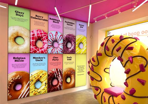 Biles Hendry “capitalises on indulgence” for healthy donut branding | Design Week Donuts Store Design, Donut Interior Design, Sweet Store Design, Donut Booth Design, Donut Package Design, Donut Shop Decor, Donut Cafe Design, Doughnut Shop Interior Design, Donut Store Design