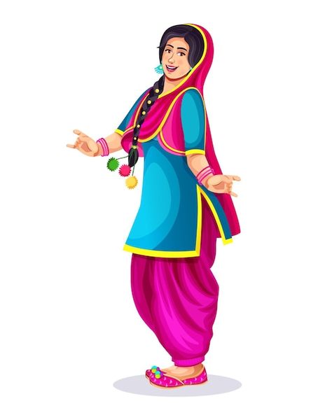 Vector indian punjabi happy young woman ... | Premium Vector #Freepik #vector #traditional-dance #baisakhi #punjabi #fashion-art Punjabi Dance Drawing, Bhangra Dance Images, Baisakhi Drawing, Punjabi Drawing, Punjabi Culture Art, Giddha Dance, Punjabi Dance, Indian Cartoon, Marriage Art