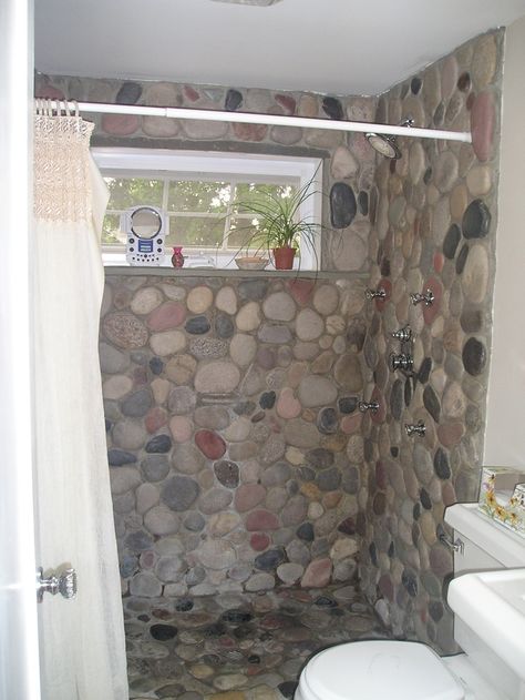 River Rock Bathroom, Stone Shower Floor, River Rock Shower, Rock Shower, Rustic Shower, Stone Shower, Bathroom Shower Design, Bathroom Shower Walls, Stone Bathroom