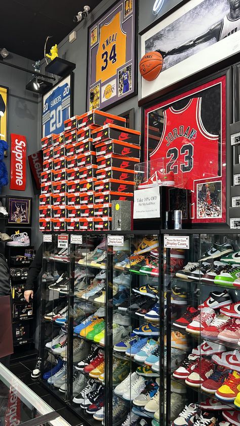 Sneaker Resell Shop for Sneakerheads Jordan Release, Yeezy Release and Supreme Hypebeast Decor Sneaker Store Aesthetic, Jordan Shoe Collection Display, Sneaker Head Store, Supreme Decor, Sneaker Reselling, Dunks Jordan, Sneaker Aesthetic, Sneaker Wall, Sneaker Room