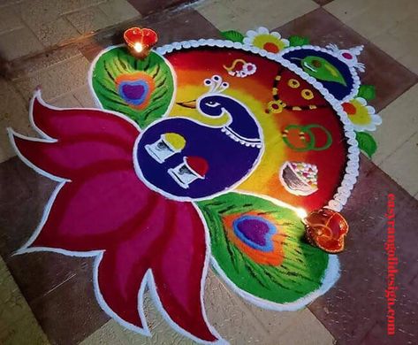 50 Gauri Puja Rangoli Designs (Rangoli Ideas) - February 2020 Agiyaras Rangoli, Puja Rangoli Design, Best Rangoli Designs, Best Rangoli, Best Rangoli Design, Diwali Message, Designs Rangoli, Rangoli Designs Simple Diwali, Rangoli Ideas