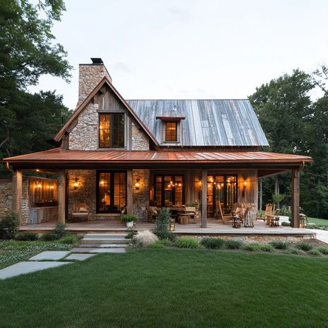 Cabin goals! This stunning stone and timber home is the perfect blend of rustic charm and modern elegance. 🌲✨ #dreamhome #cabinlife #architecture #interiordesign #stonehouse #timberhome #luxuryliving #homegoals Log And Stone Homes, Log Cabin Home Exteriors, Rustic Cabin Exterior Ideas, Ranch Houses With Porches, Stone And Timber House, Cabin Like Homes, Cabin Style Home Exterior, Rustic Homes Exterior, Stone Barndominium