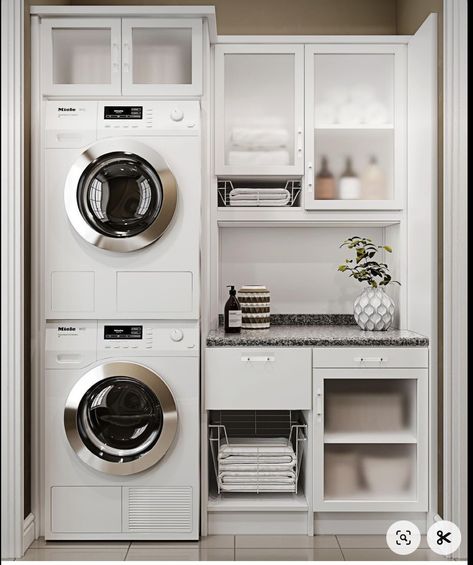 Stacked Laundry, Perfect Laundry Room, Closet World, Custom Laundry Room, Stacked Laundry Room, White Laundry Rooms, Laundry Room Ideas Small Space, Laundry Room Wallpaper, Stylish Laundry Room