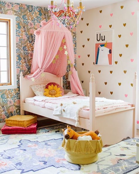 Headboard Closet, Rainbow Themed Room, Happy Nursery, Unicorn Kids Room, Magical Bedroom, Daisy Pillows, Sister Room, Kids Rooms Inspo, Unicorn Bedroom