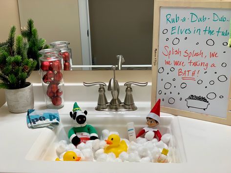 Bubble Bath Elf On The Shelf, Elf On The Shelf Shower Ideas, Elf On The Shelf Bathtub, Elf Bathroom Ideas, Elf Bubble Bath, Elf Bath, Elf Taking A Bubble Bath, Marshmallow Bath Elf On The Shelf, Elf Marshmallow Bath