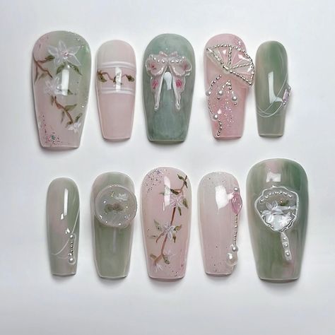 Chinese Inspired Nails, Nail Art Designs Coffin, Chinese Nail Art, Chinese Nails Designs, Chinese Nails, Nails Painting, Painting Nails, Medium Coffin, Asian Nails